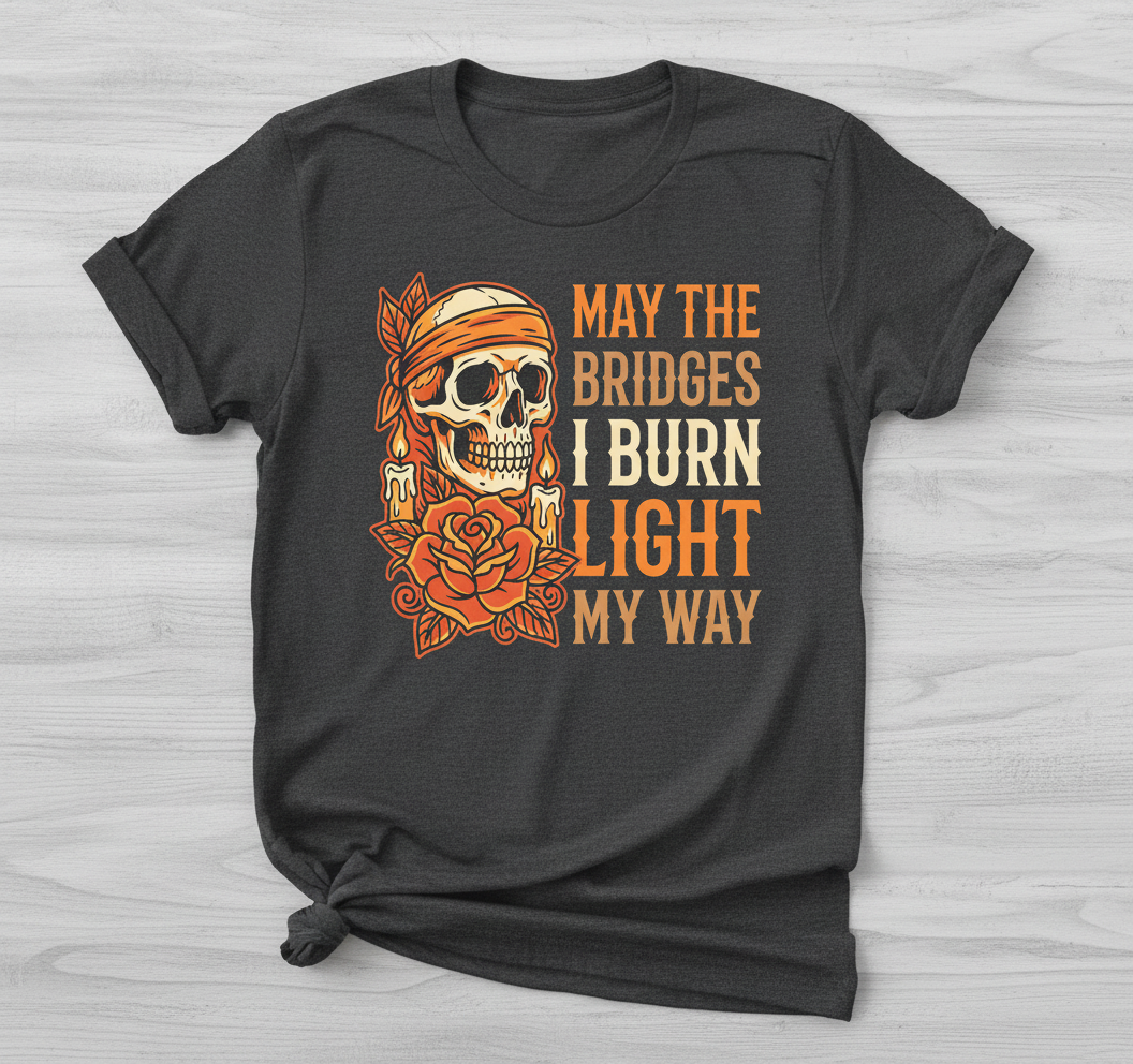 May The Bridges I Burn Light My Way Skull and Rose Tattoo Art T-Shirt - Dark Heather