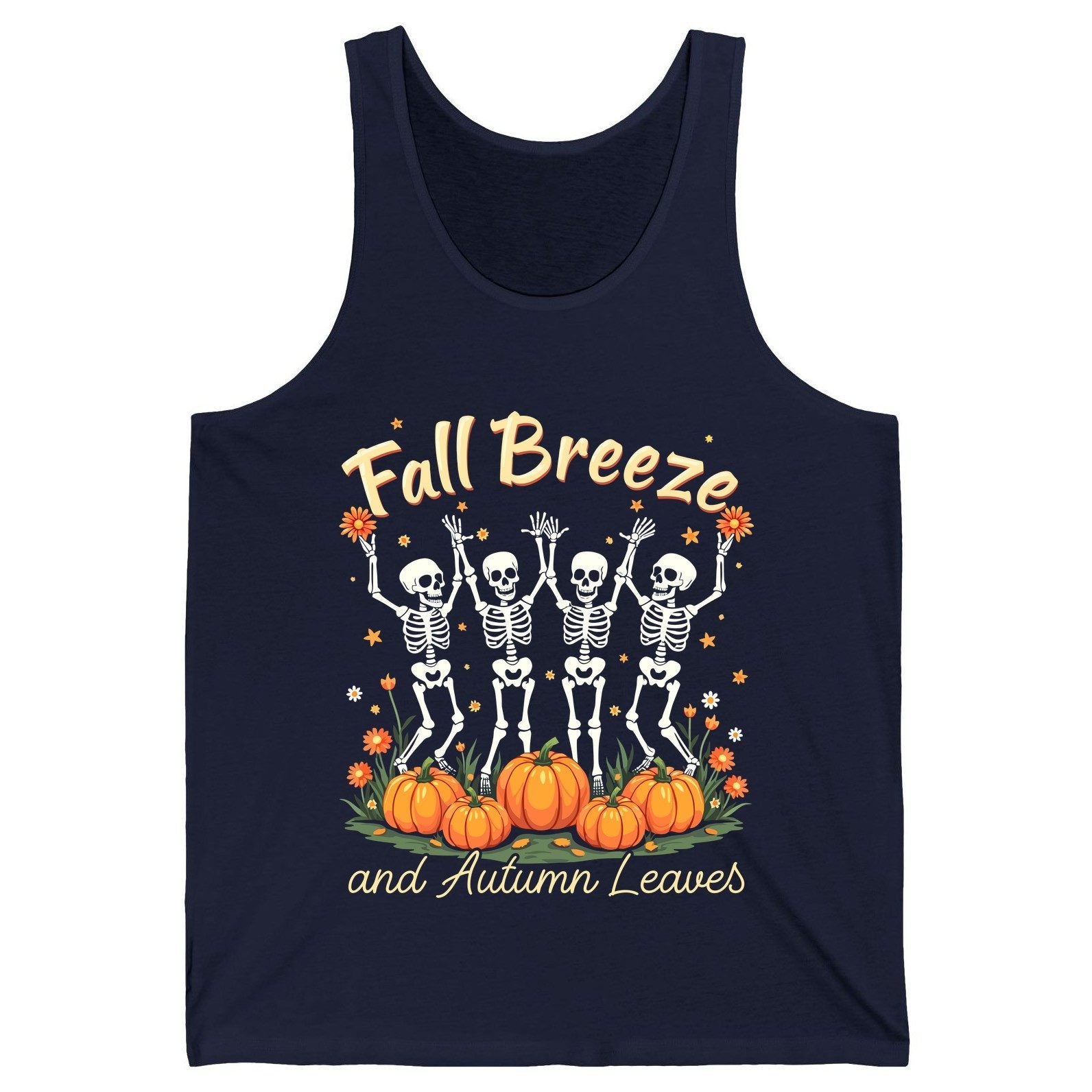 Fall Breeze and Autumn Leaves dancing skeletons Tank Top Navy product mockup