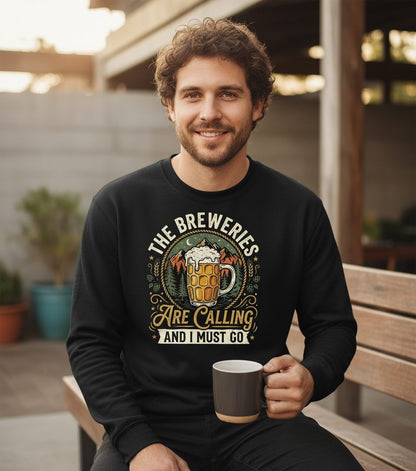 The Breweries Are Calling and I Must Go Funny Craft Beer Sweatshirt - lifestyle model mockup - Black