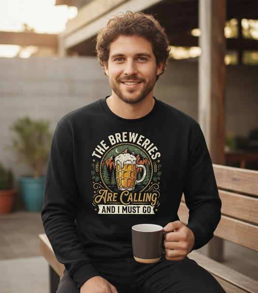 The Breweries Are Calling and I Must Go Funny Craft Beer Sweatshirt - lifestyle model mockup - Black