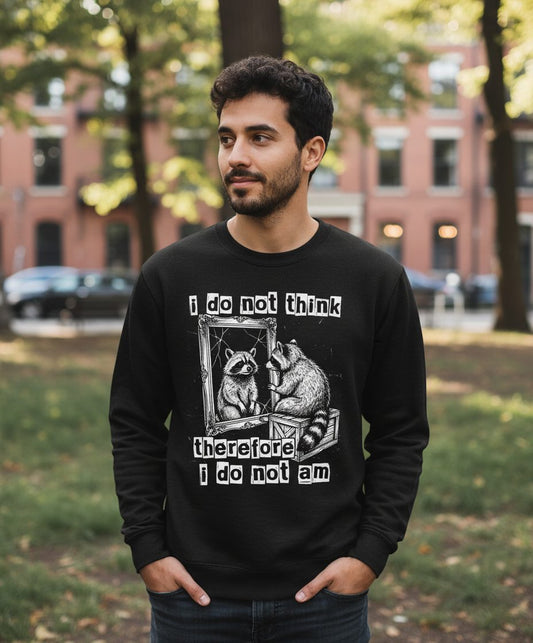 I Do Not Think Therefore I Do Not Am raccoon Sweatshirt Black lifestyle mockup