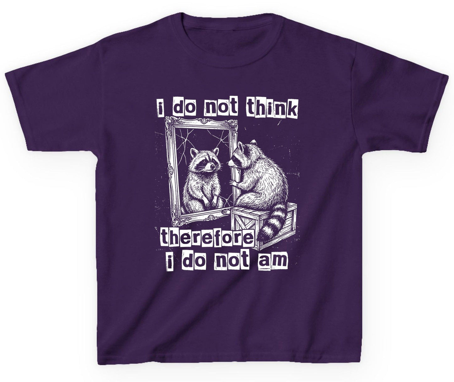 I Do Not Think Therefore I Do Not Am raccoon Youth T-Shirt Purple product mockup