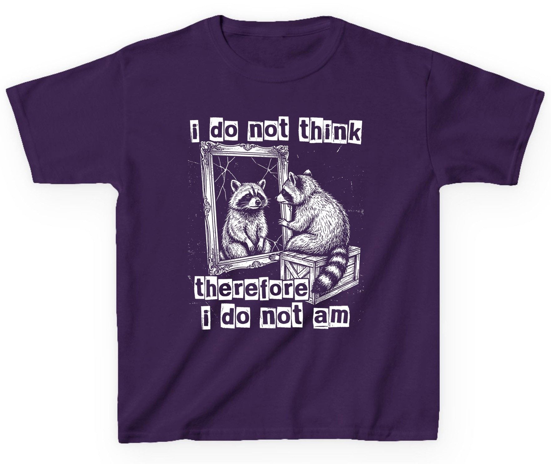 I Do Not Think Therefore I Do Not Am raccoon Youth T-Shirt Purple product mockup