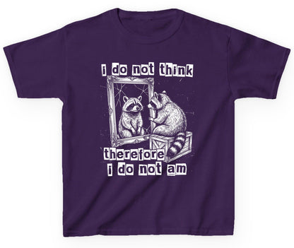 I Do Not Think Therefore I Do Not Am raccoon Youth T-Shirt Purple product mockup
