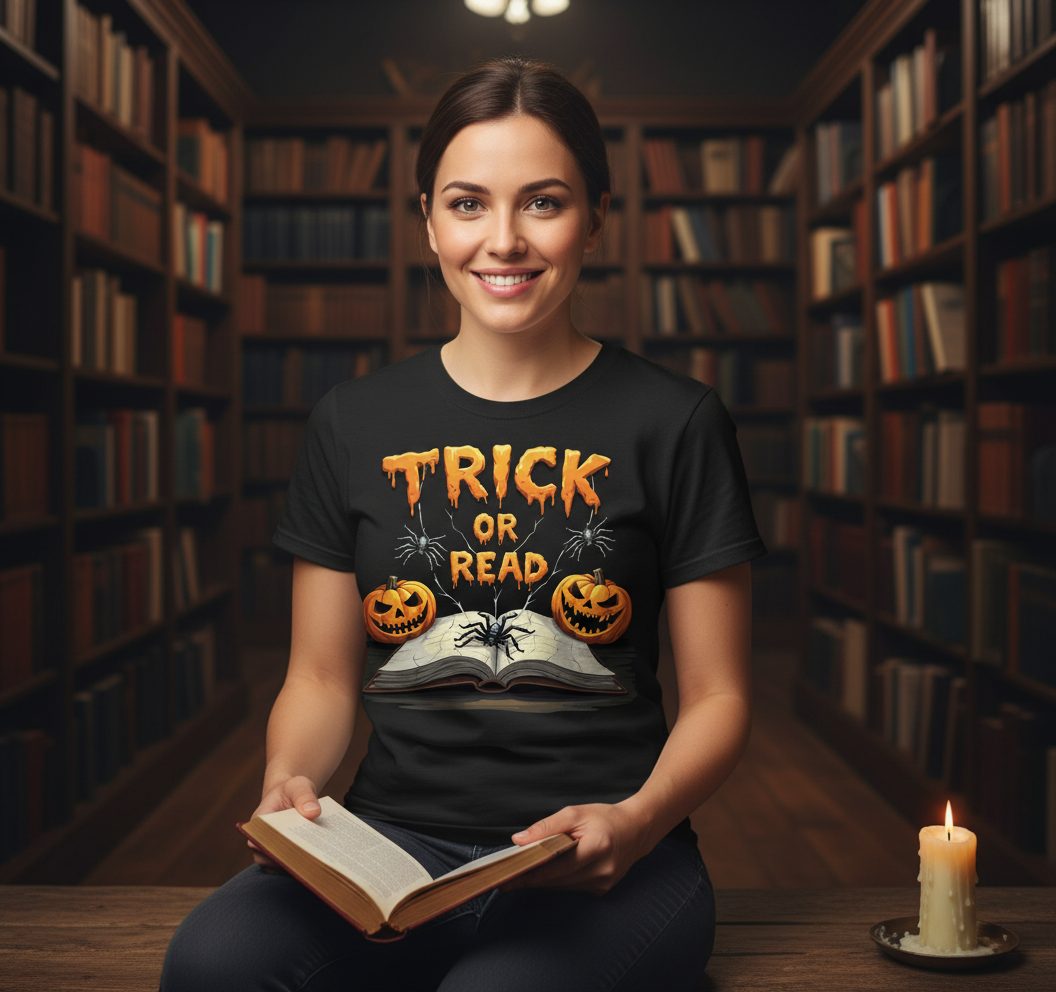 Trick or Read Halloween reading T-Shirt Black lifestyle mockup