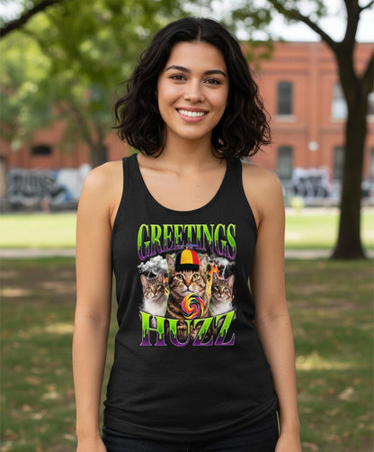 Greetings HUZZ Funny Cat Tank Top - lifestyle model mockup - Black