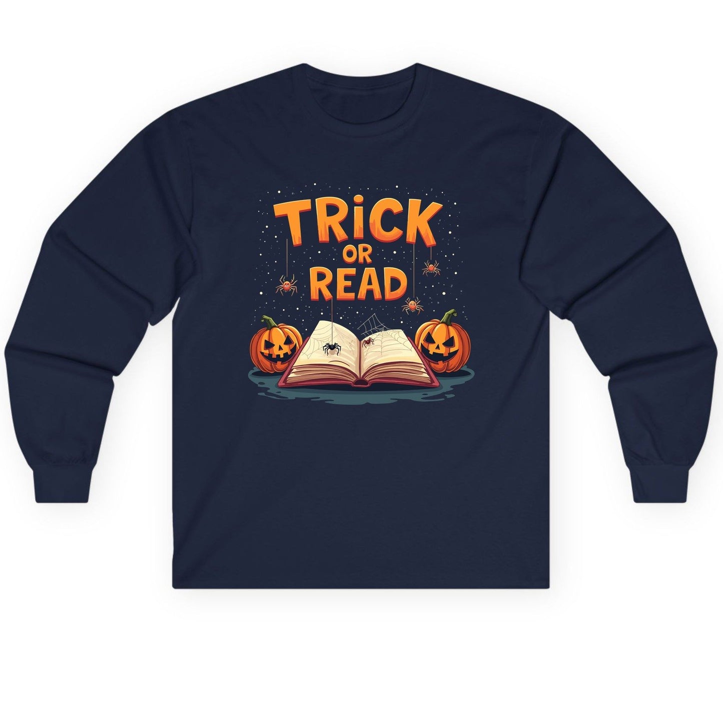 Trick or Read Halloween Long Sleeve Tee Navy product mockup
