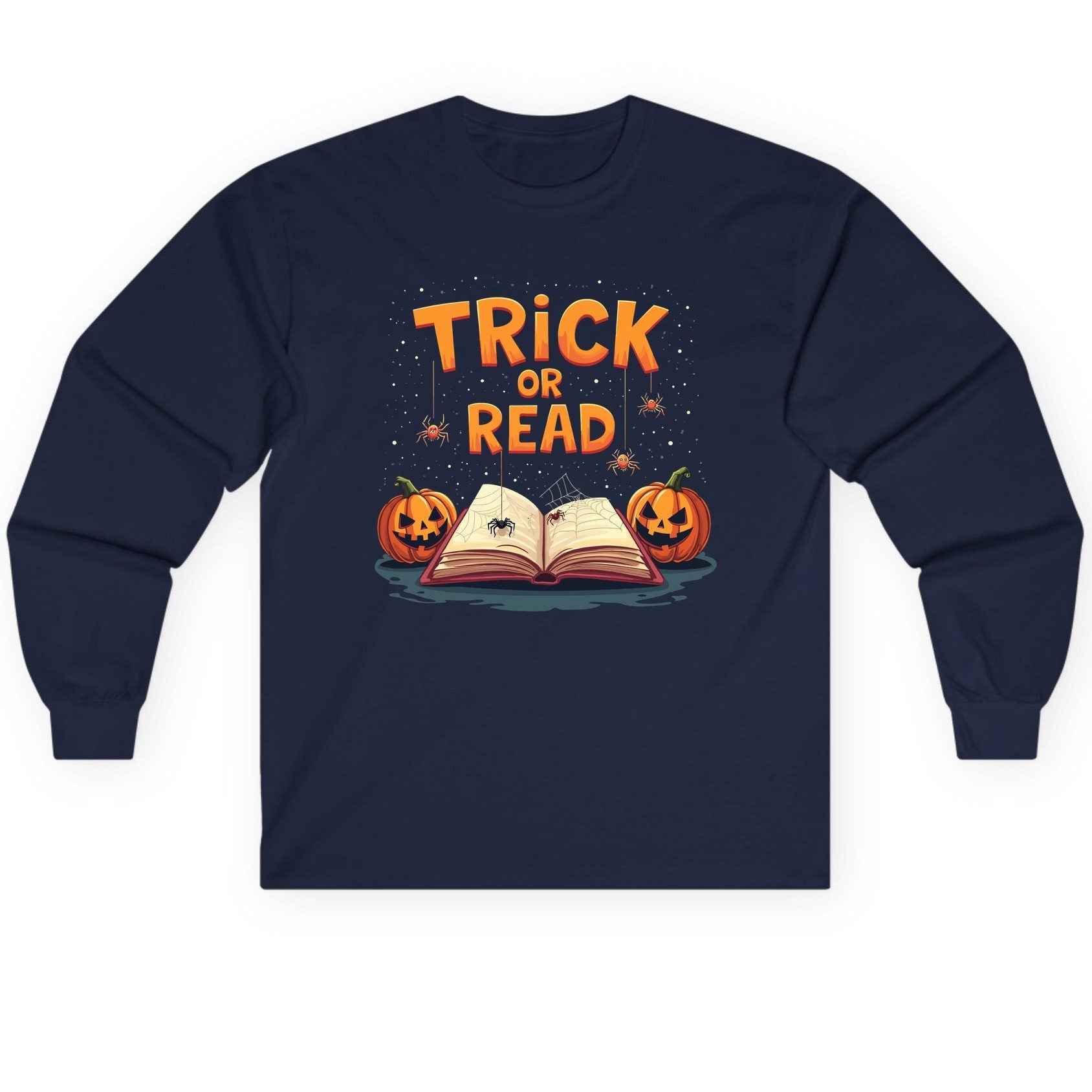 Trick or Read Halloween Long Sleeve Tee Navy product mockup