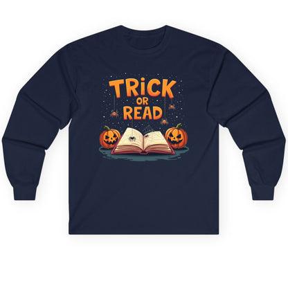 Trick or Read Halloween Long Sleeve Tee Navy product mockup