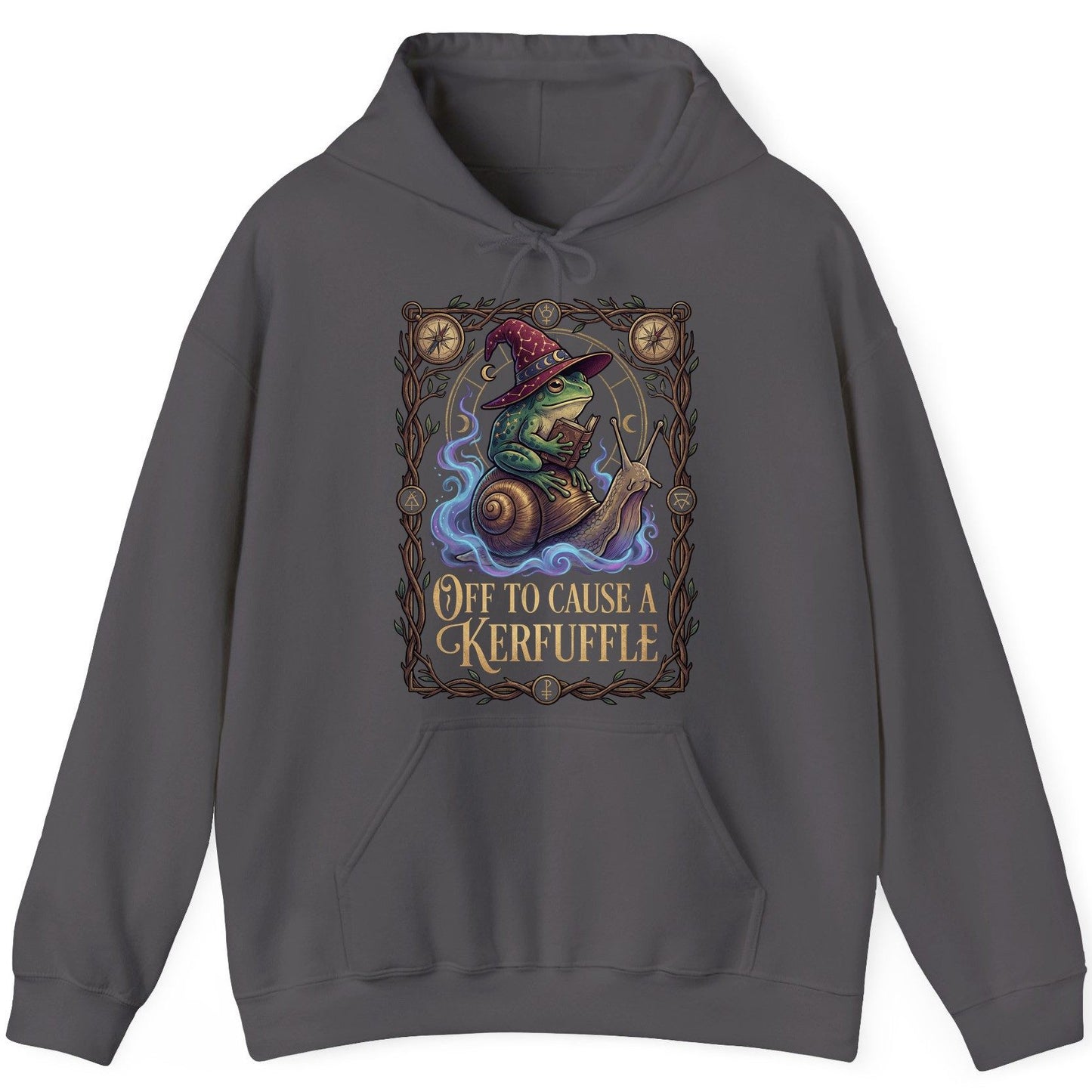 Off to Cause a Kerfuffle frog wizard Hoodie Charcoal product mockup