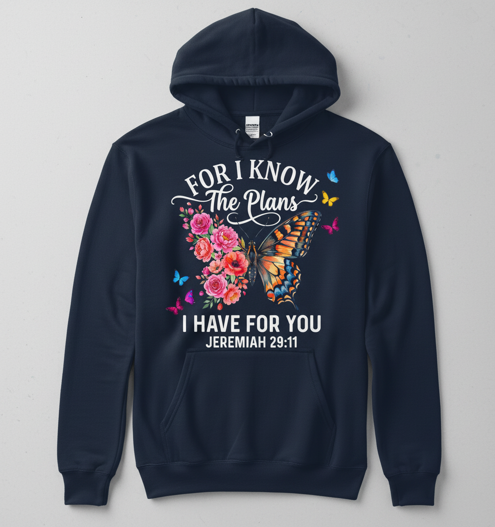 Jeremiah 29:11 For I Know The Plans Butterfly Floral Christian Verse Hoodie - Navy
