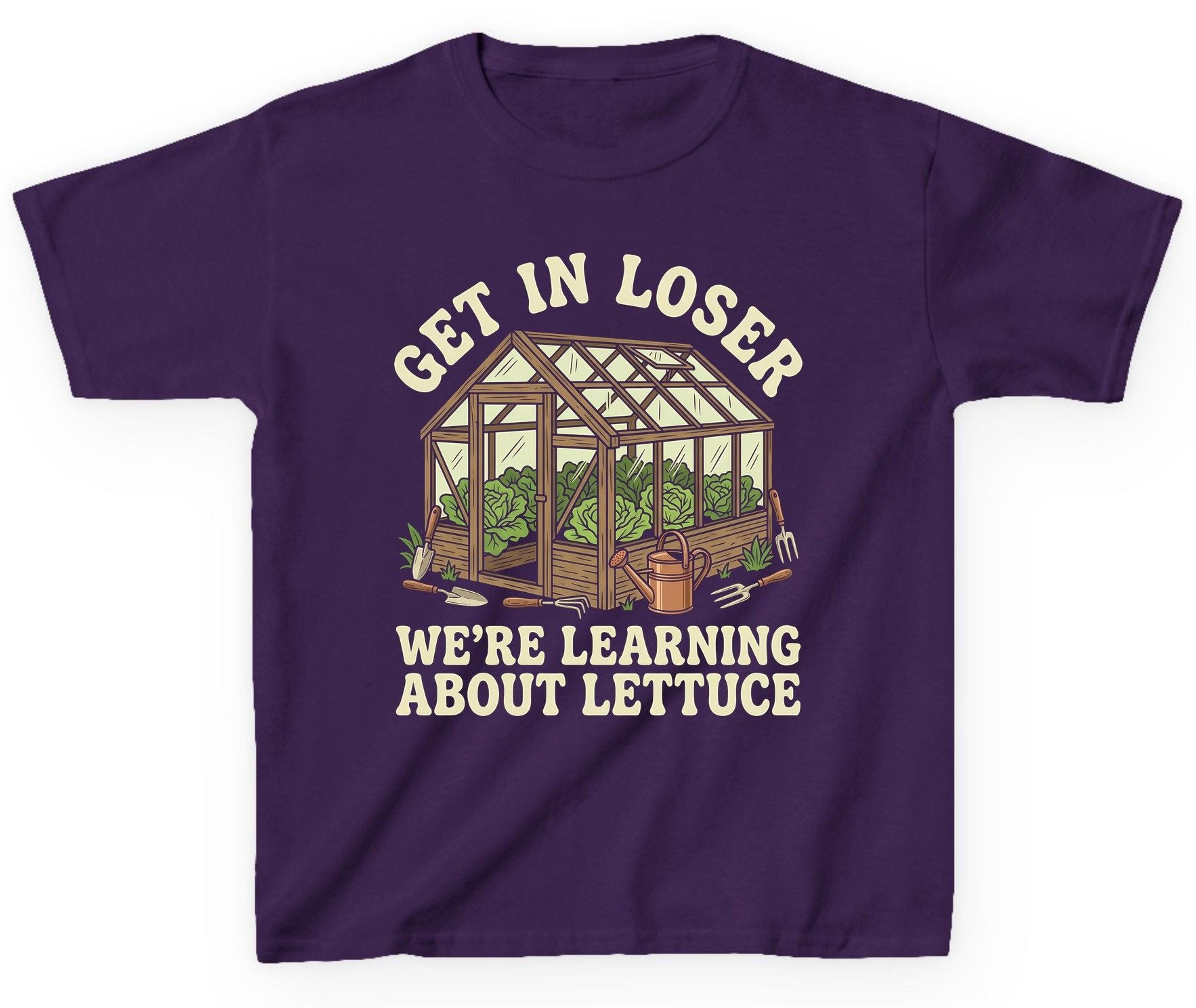 GET IN LOSER WE'RE Learning ABOUT Lettuce Youth T-Shirt - product mockup - Purple