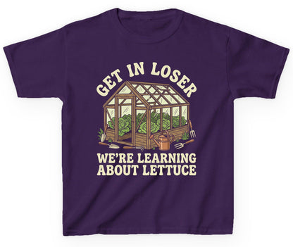 GET IN LOSER WE'RE Learning ABOUT Lettuce Youth T-Shirt - product mockup - Purple