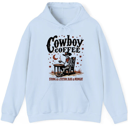 Cowboy Coffee Strong as a Stetson, Black as Midnight cowboy skeleton Hoodie Light Blue product mockup
