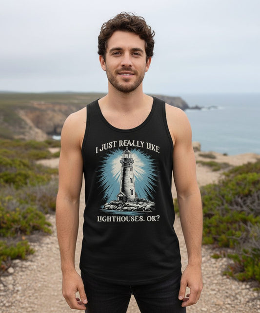 I Just Really Like Lighthouses, Ok? lighthouse Tank Top Black lifestyle mockup