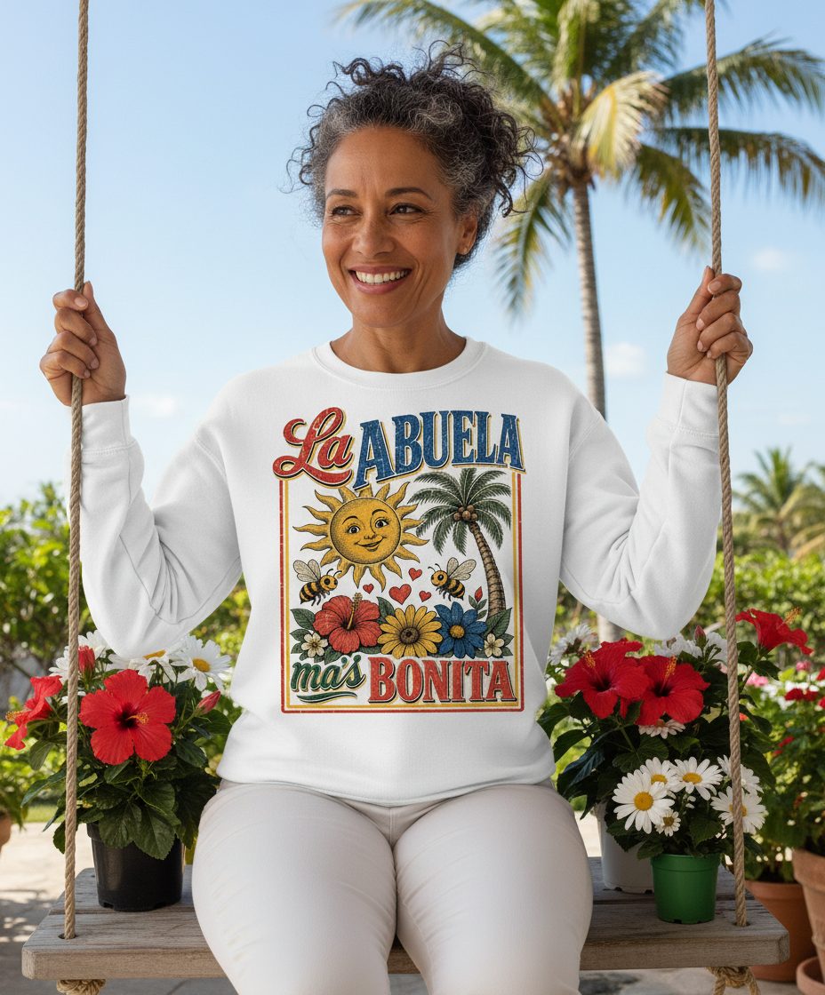 La Abuela Más Bonita Retro Grandma Sweatshirt - lifestyle model mockup - White