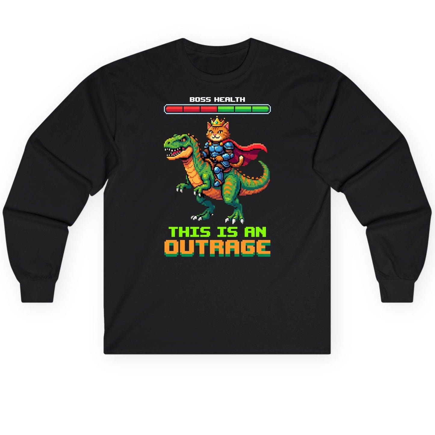 THIS IS AN OUTRAGE Cat riding a dinosaur Long Sleeve Tee Black product mockup