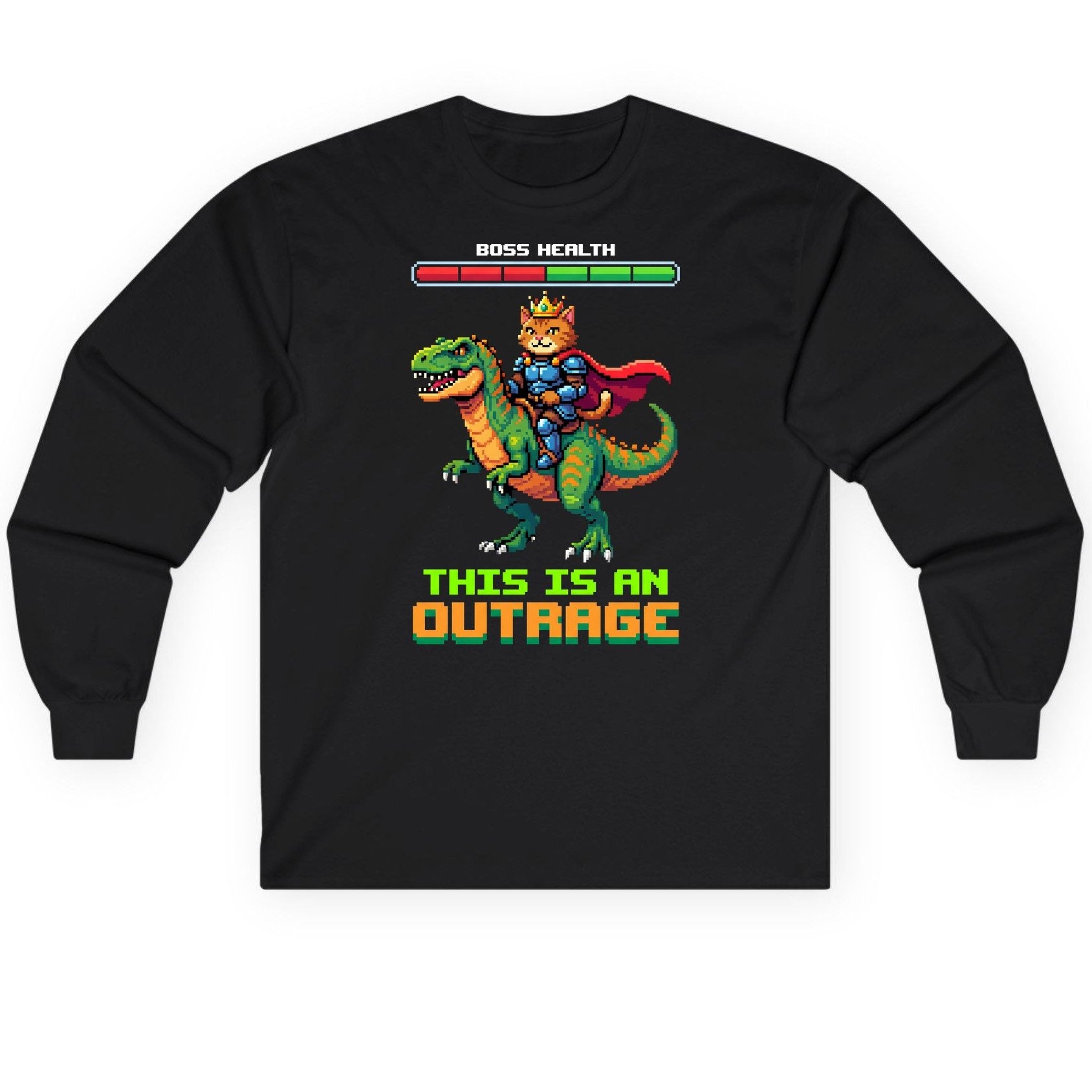 THIS IS AN OUTRAGE Cat riding a dinosaur Long Sleeve Tee Black product mockup