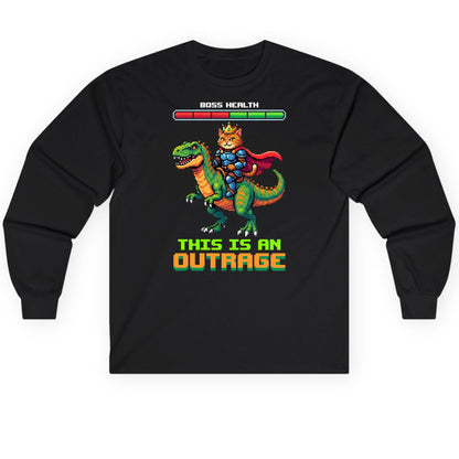 THIS IS AN OUTRAGE Cat riding a dinosaur Long Sleeve Tee Black product mockup