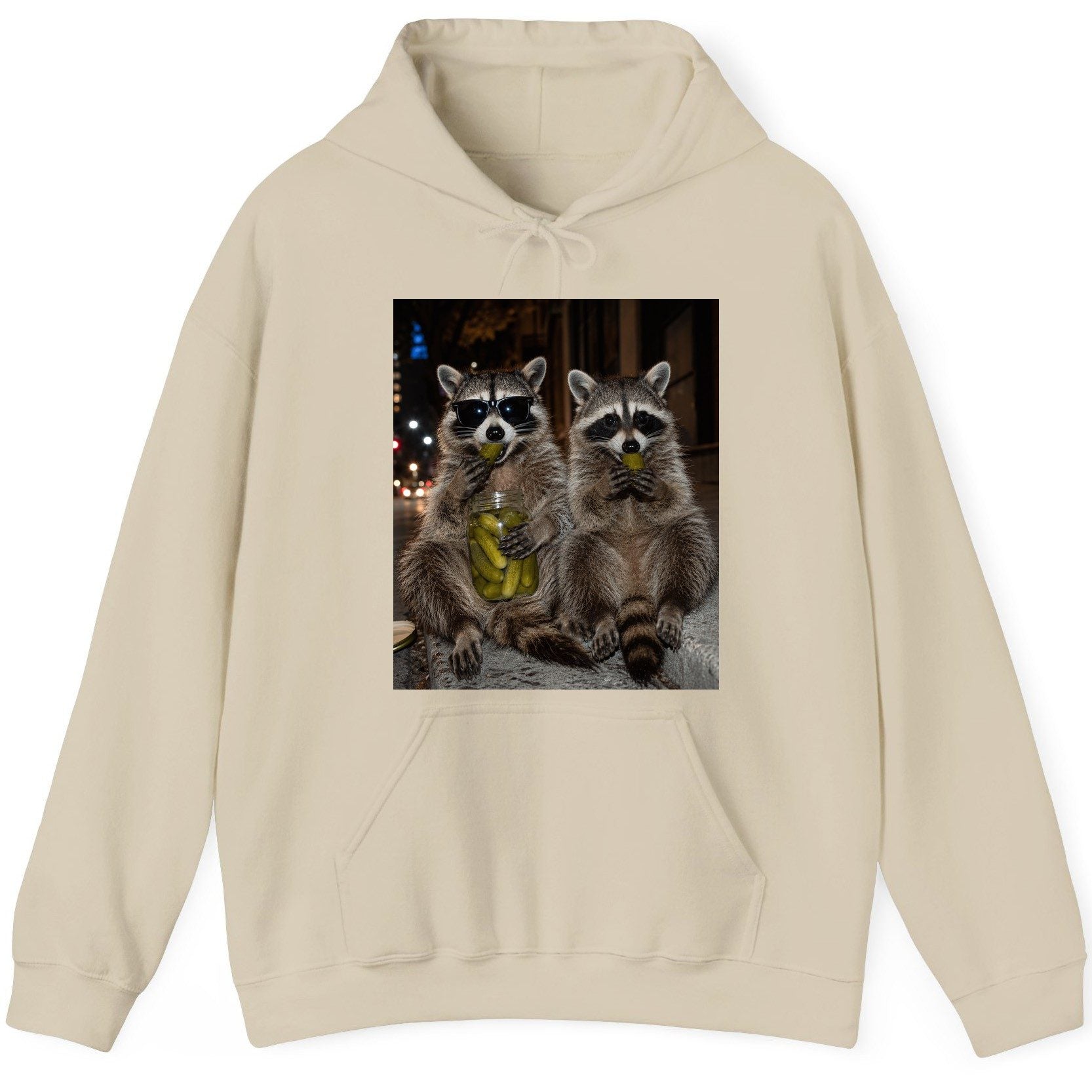 Raccoons Eating Pickles Funny Animal Lovers Hoodie - product mockup - Sand