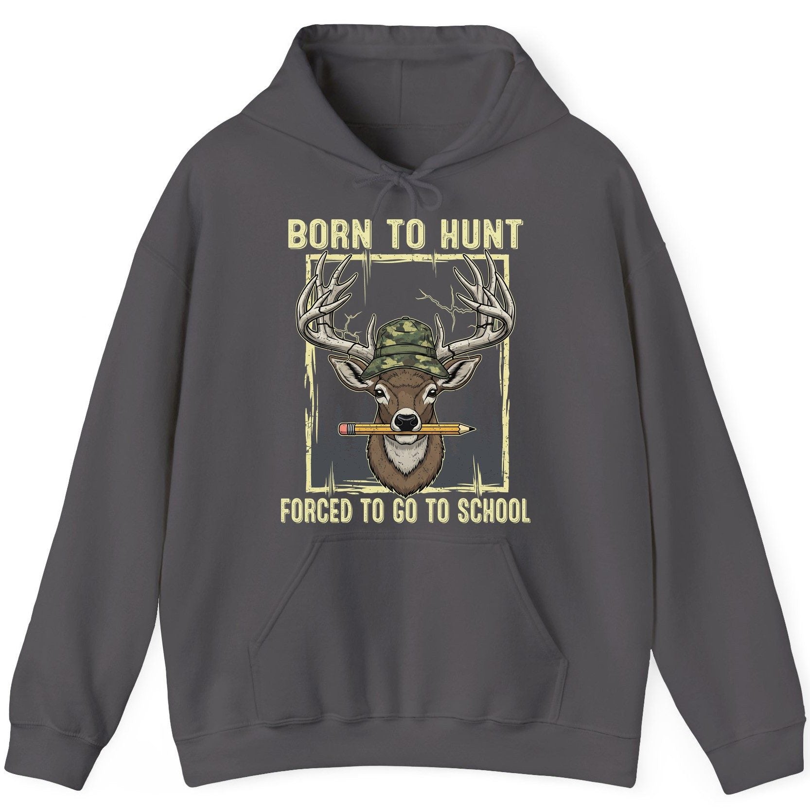 Born to Hunt Forced to Go to School hunting Hoodie Charcoal product mockup