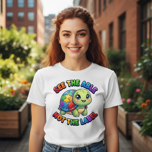 SEE THE ABLE NOT THE LABEL Autism Awareness T-Shirt - lifestyle model mockup - White
