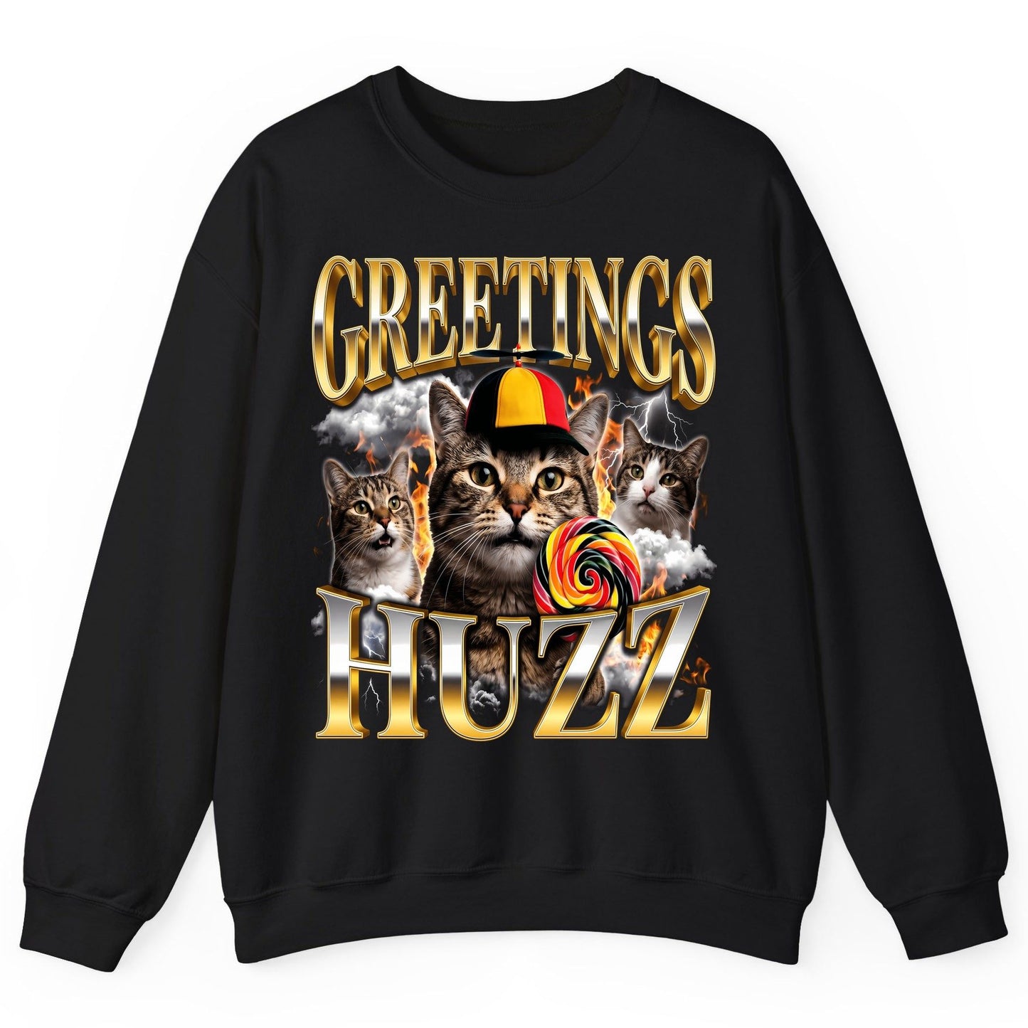 Greetings HUZZ Funny Cats Sweatshirt - product mockup - Black