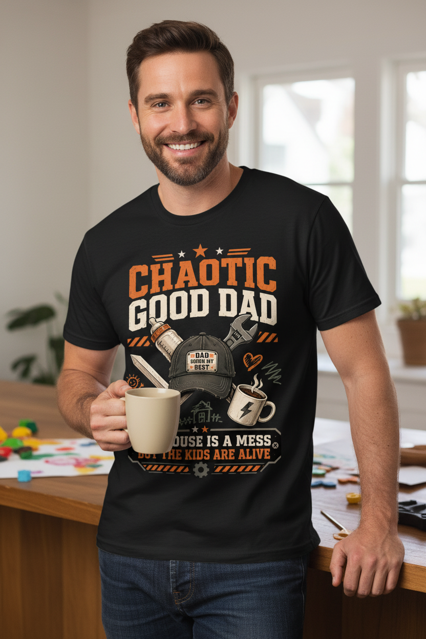 Chaotic Good Dad. The House Is A Mess But The Kids Are Alive. Funny Chaotic Good Dad T-Shirt - lifestyle model mockup - Black