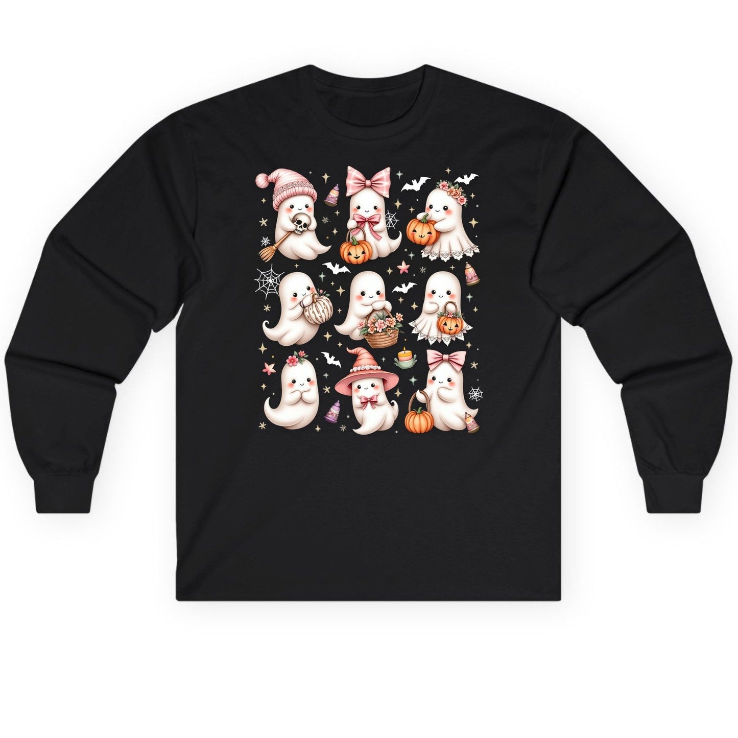 Cute Pink Halloween Ghosts cute Halloween ghosts Long Sleeve Tee Black product mockup