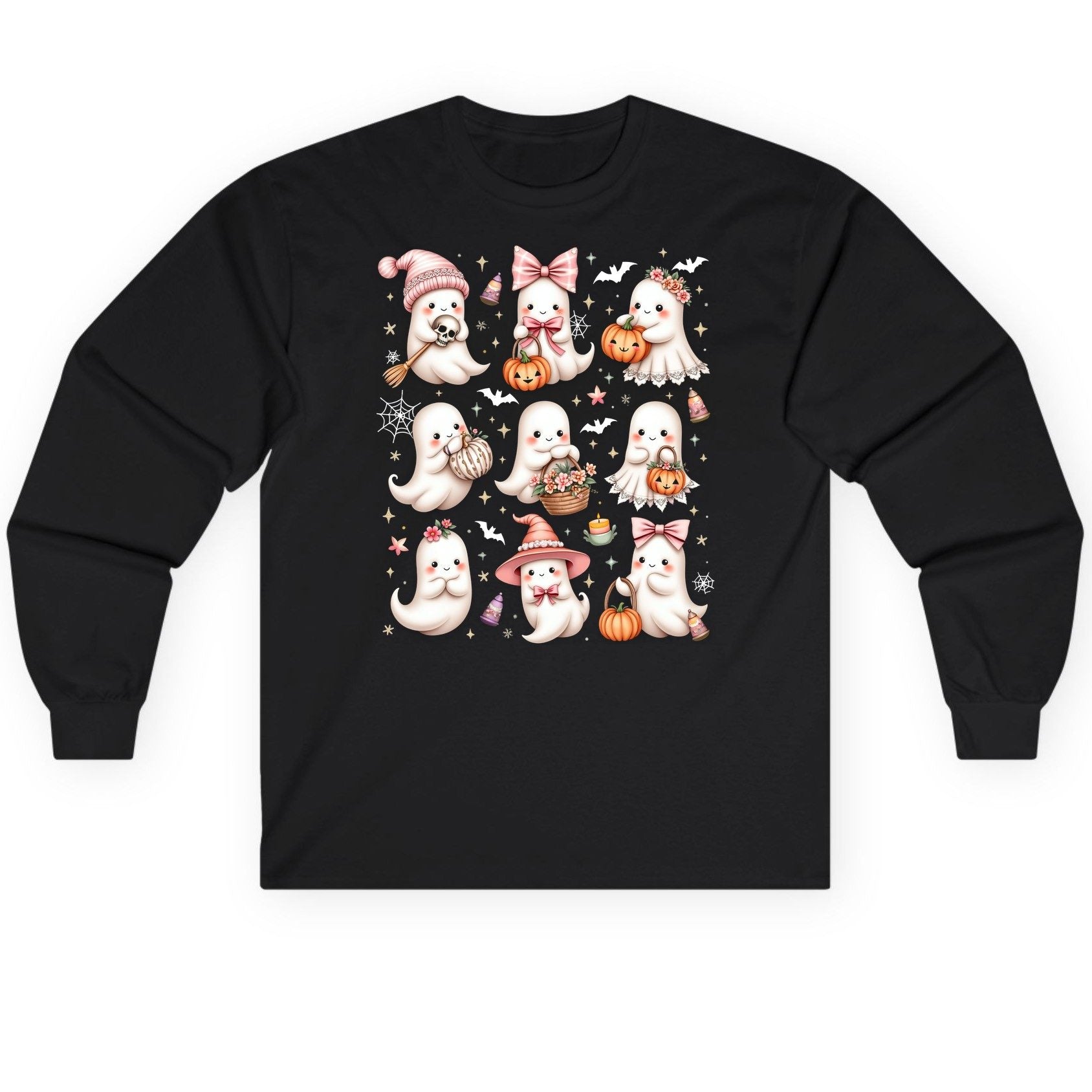 Cute Pink Halloween Ghosts cute Halloween ghosts Long Sleeve Tee Black product mockup