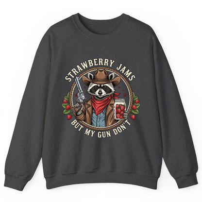 Strawberry Jams but My Gun Don't cowboy raccoon Sweatshirt Dark Heather product mockup