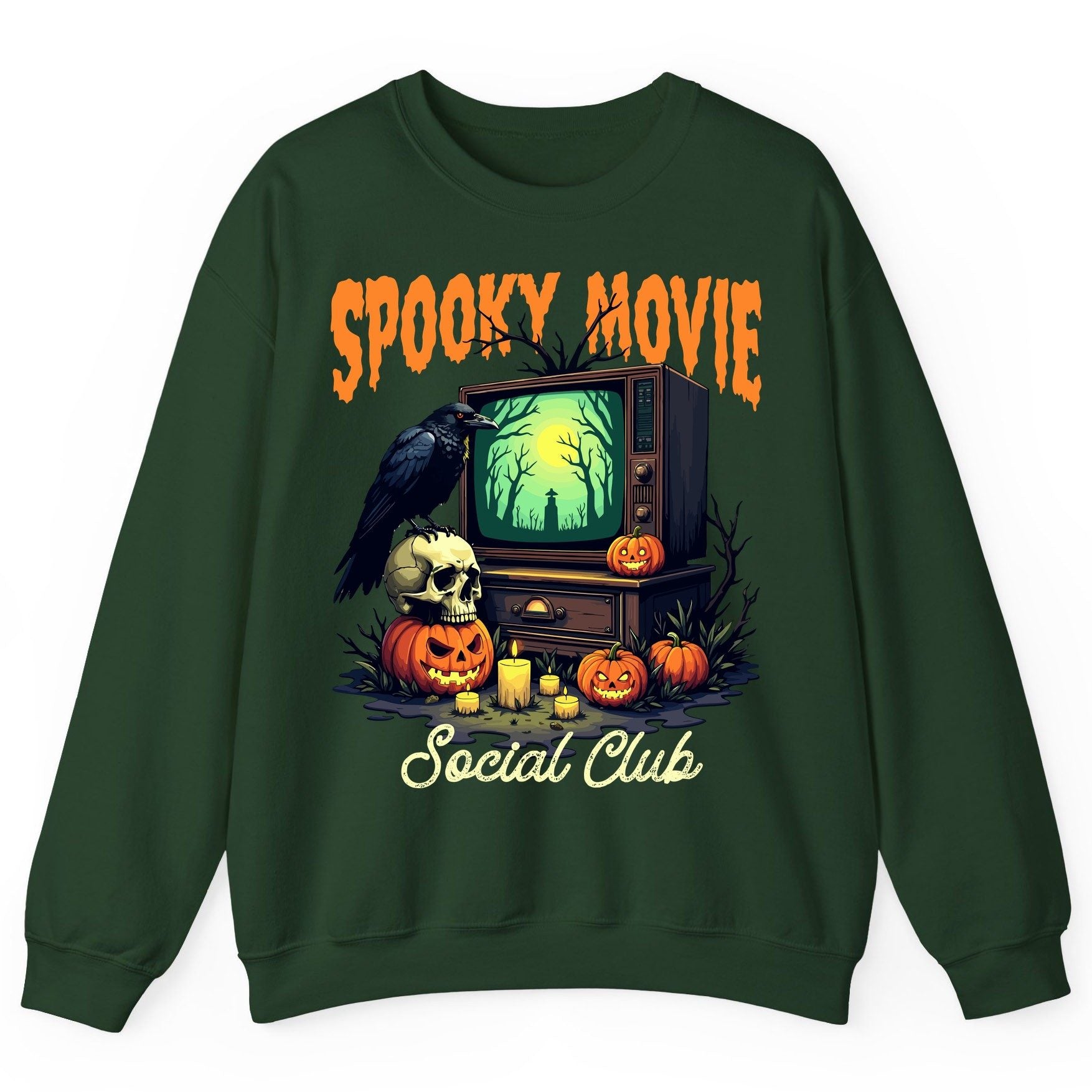 Spooky Movie Social Club Halloween Sweatshirt Forest Green product mockup