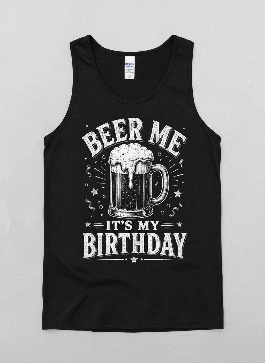 Beer Me It's My Birthday Funny Person Tank Top - product mockup - Black