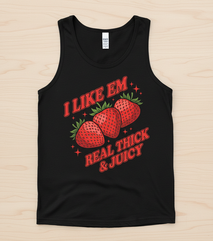 I Like Em Real Thick & Juicy Strawberries Funny Retro Design Tank Top - Black