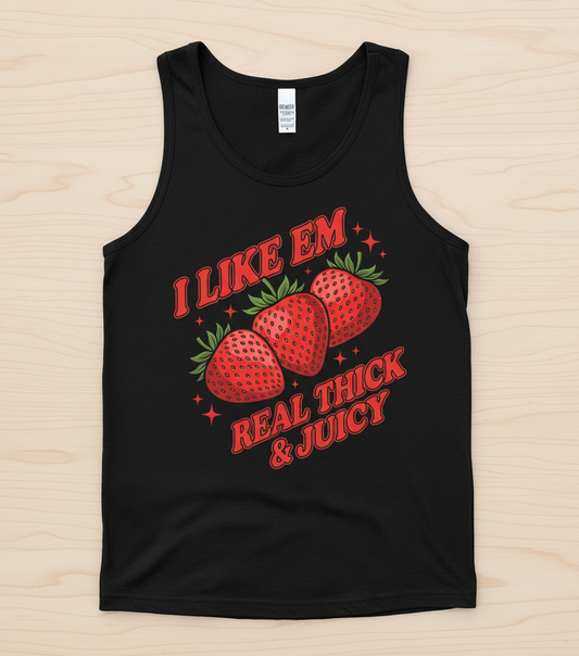 I Like Em Real Thick & Juicy Strawberries Funny Retro Design Tank Top - Black