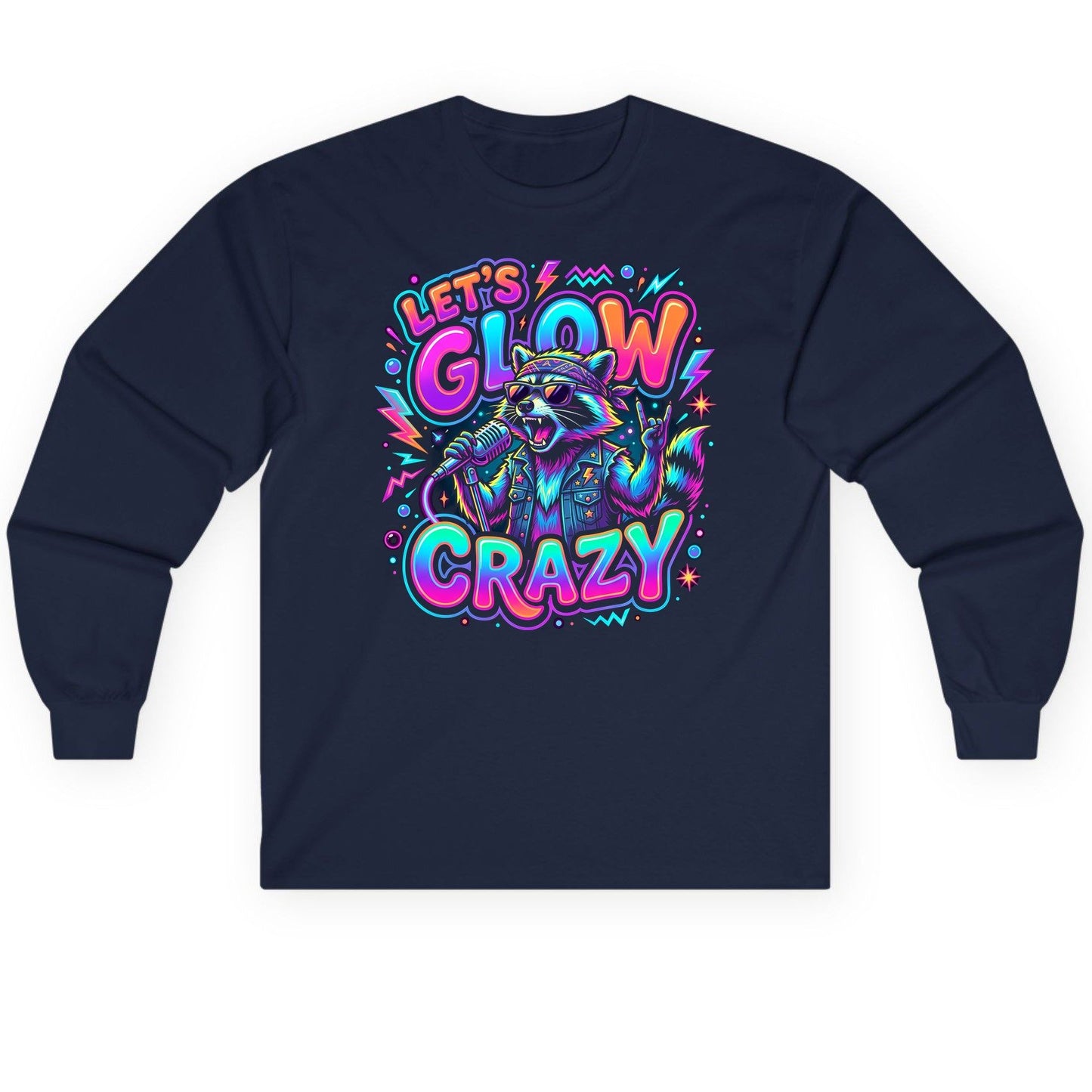 Let's Glow Crazy Funny Rockstar Raccoon Long Sleeve Tee - product mockup - Navy