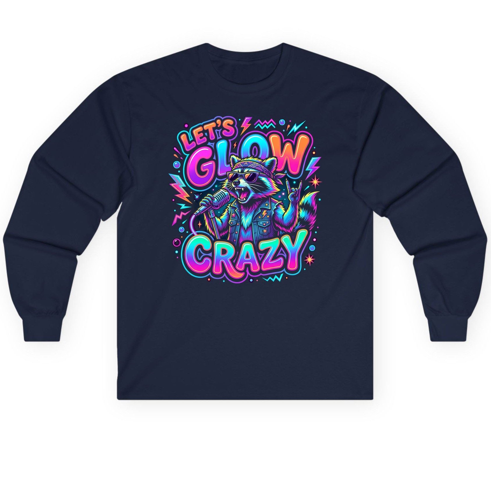 Let's Glow Crazy Funny Rockstar Raccoon Long Sleeve Tee - product mockup - Navy