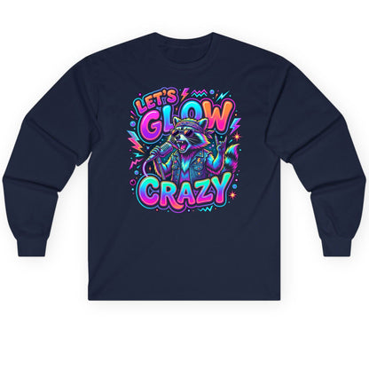 Let's Glow Crazy Funny Rockstar Raccoon Long Sleeve Tee - product mockup - Navy
