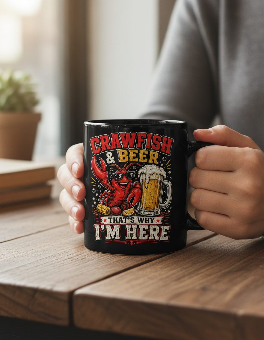 Crawfish & Beer That's Why I'm Here Funny Boil Black Mug - lifestyle model mockup - Black