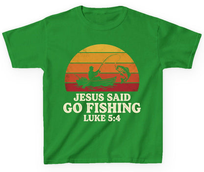 JESUS SAID GO Fishing LUKE 5 4 Retro Christian Youth T-Shirt - product mockup - Irish Green
