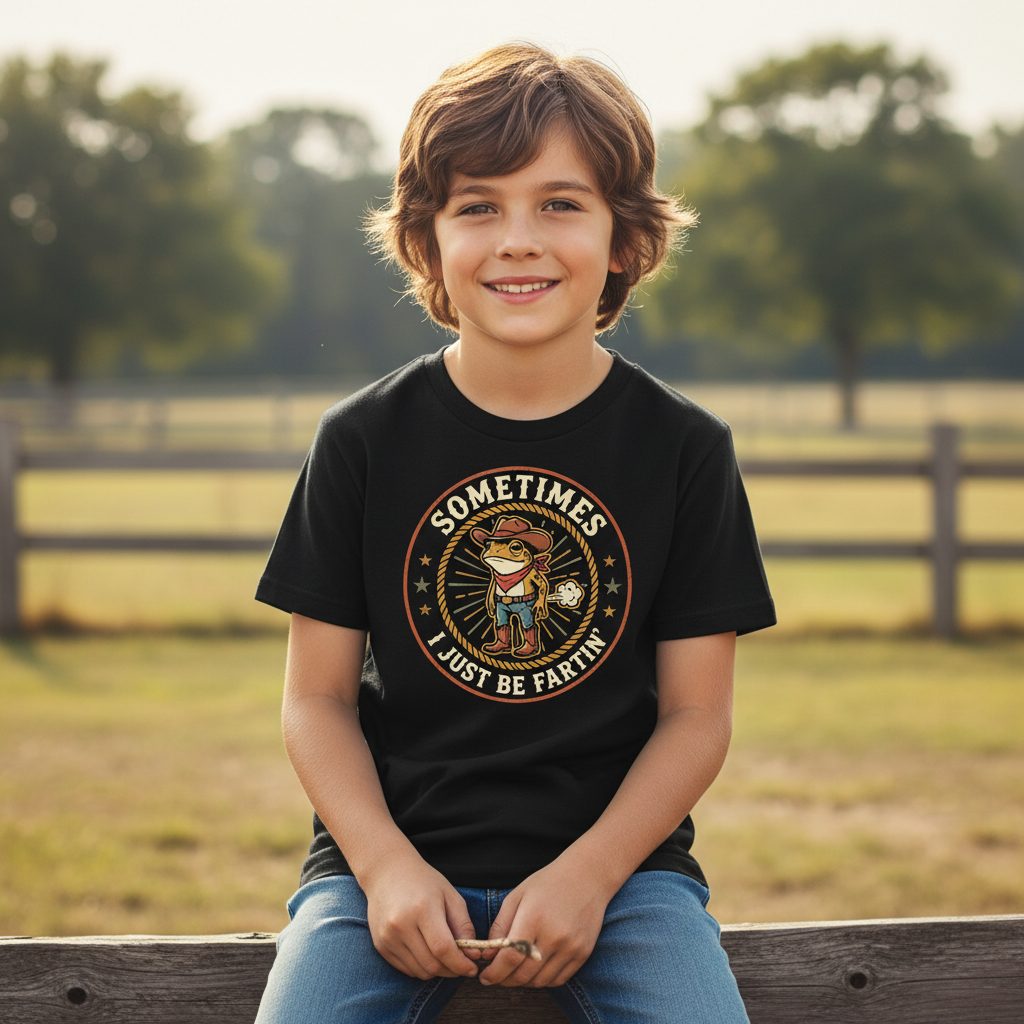 Sometimes I Just Be Fartin' cowboy frog Youth T-Shirt Black lifestyle mockup