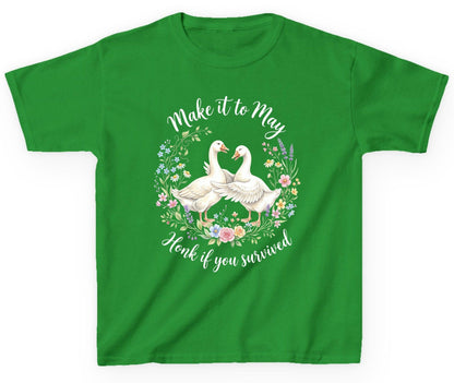 Make It to May Honk If You Survived Funny Geese Youth T-Shirt - product mockup - Irish Green