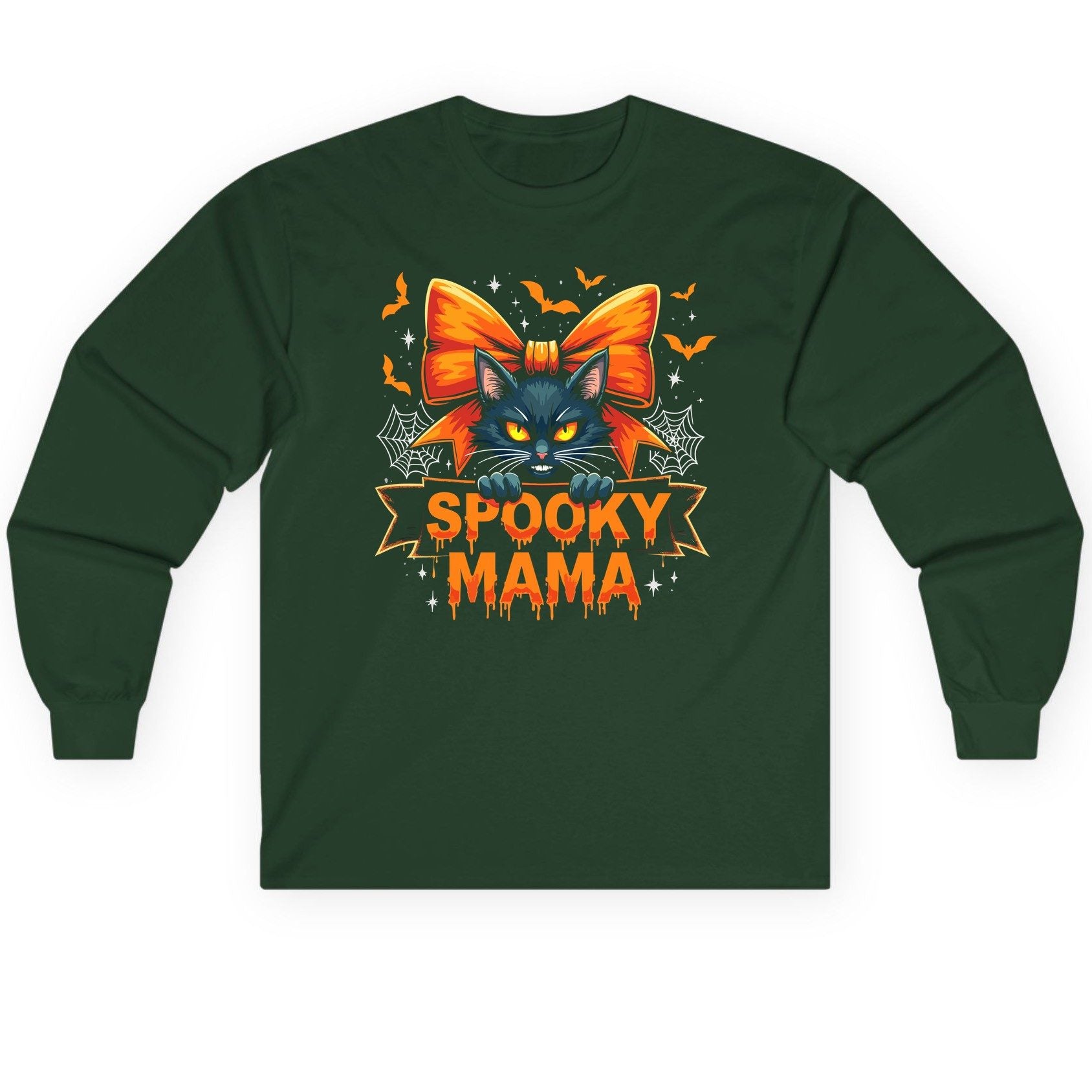 Spooky Mama black cat Long Sleeve Tee Forest Green product mockup