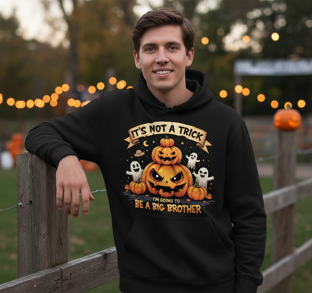 It's Not a Trick I'm Going to Be a Big Brother Halloween pregnancy announcement Hoodie Black lifestyle mockup