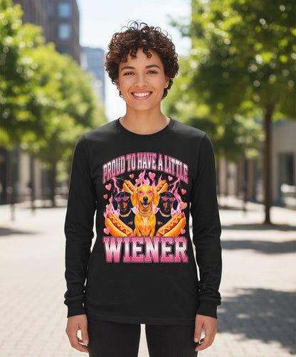Proud to Have a Little Wiener dachshund Long Sleeve Tee Black lifestyle mockup