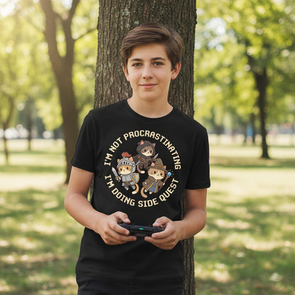 I'm Not Procrastinating I'm Doing Side Quest rpg cats Youth T-Shirt Black lifestyle mockup