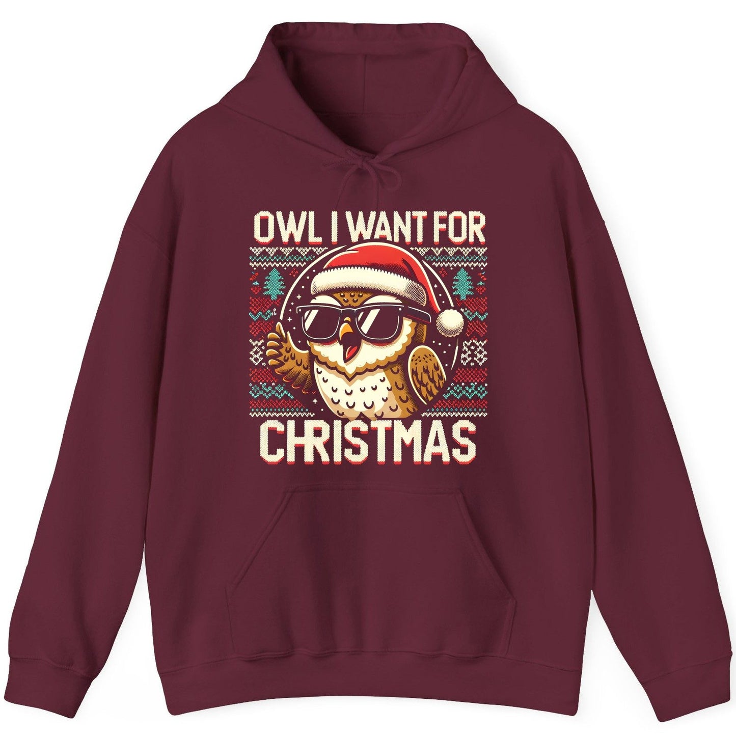 Owl I Want for Christmas Christmas owl Hoodie Maroon product mockup