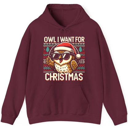 Owl I Want for Christmas Christmas owl Hoodie Maroon product mockup