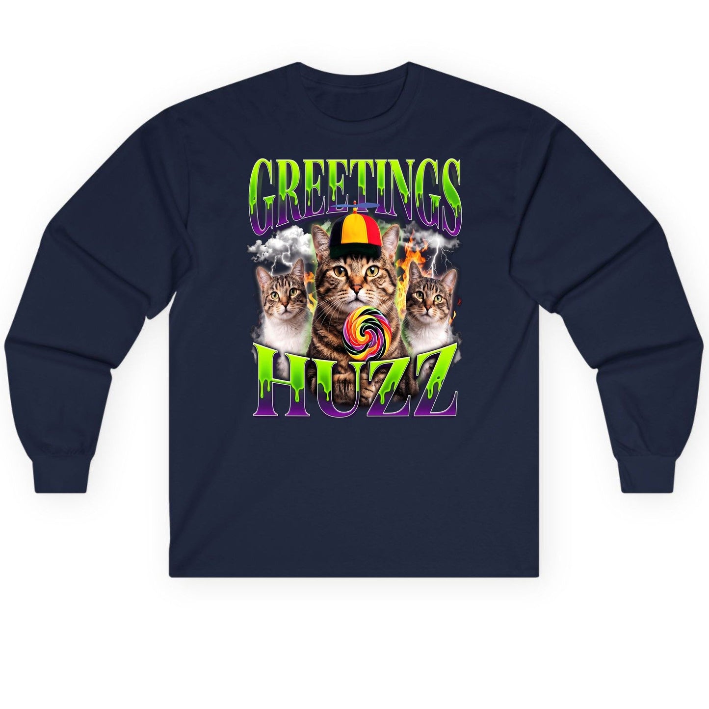 Greetings HUZZ Funny Cat Long Sleeve Tee - product mockup - Navy