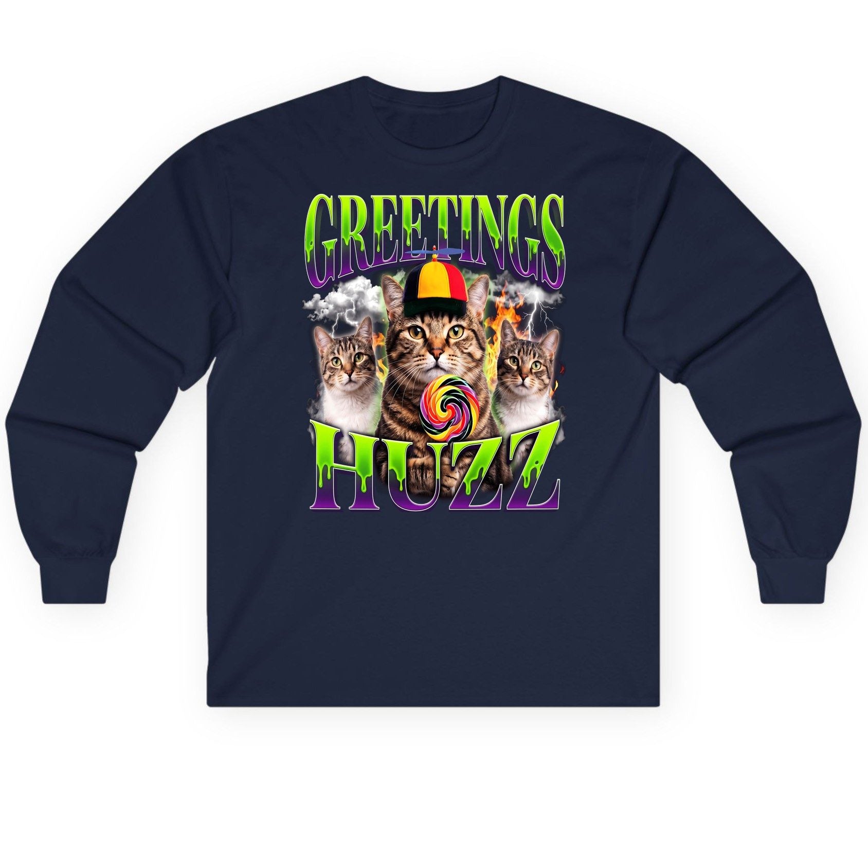 Greetings HUZZ Funny Cat Long Sleeve Tee - product mockup - Navy